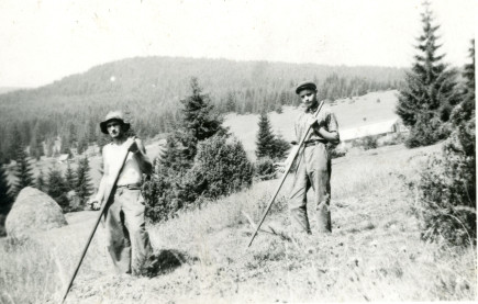 Bakos Károly és társa kaszálnak az erdőn